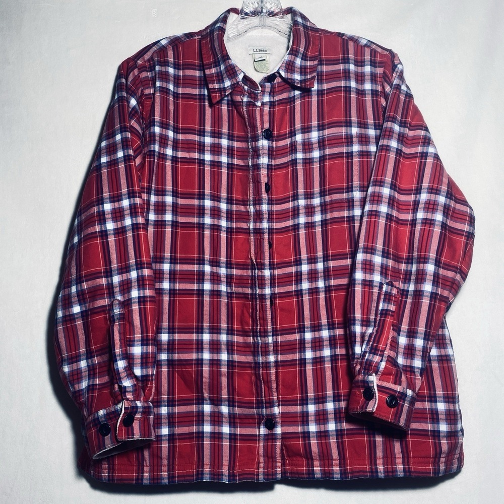 LL Bean Fleece Lined Flannel Shirt Jacket Shacket Womens M Red Plaid Warm 285013